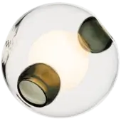 Ceiling light, polished silver, spherical shade with three dark grey textured glass spheres emitting warm white light, minimalist design.